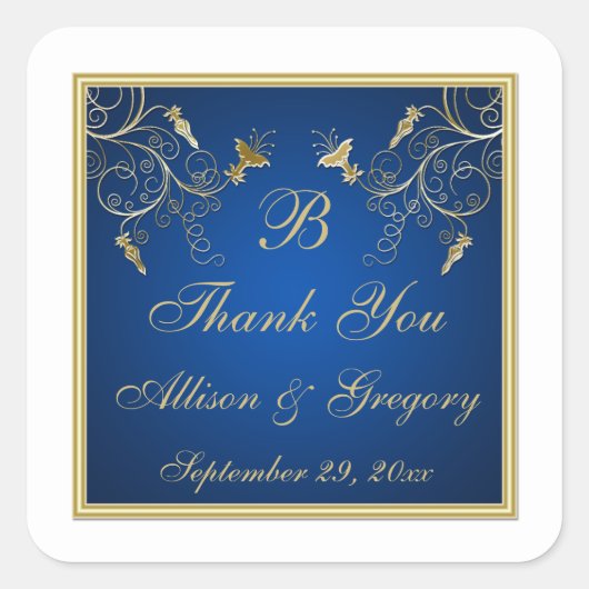 Navy Blauw en Goud Bloemen Bruiloft Favor Sticker (Voorkant)