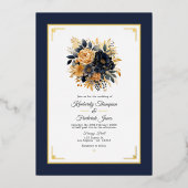 Navy Blauw en Goud Bloemen Bruiloft Folie Uitnodiging (Voorkant)
