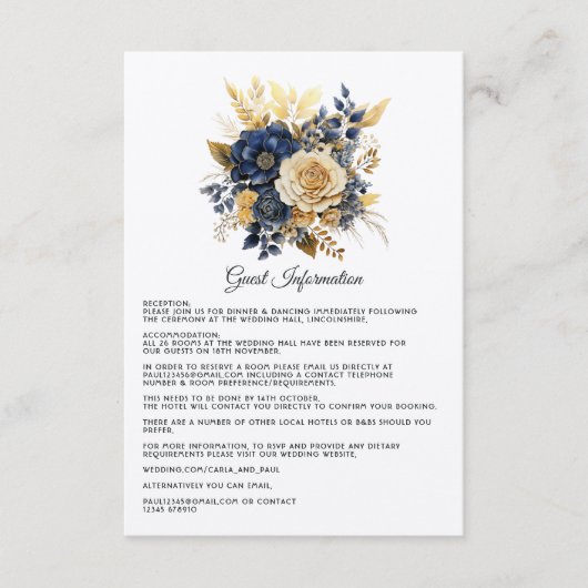 Navy Blauw en Goud Bloemen Bruiloft Gast Details Informatiekaartje (Voorkant)
