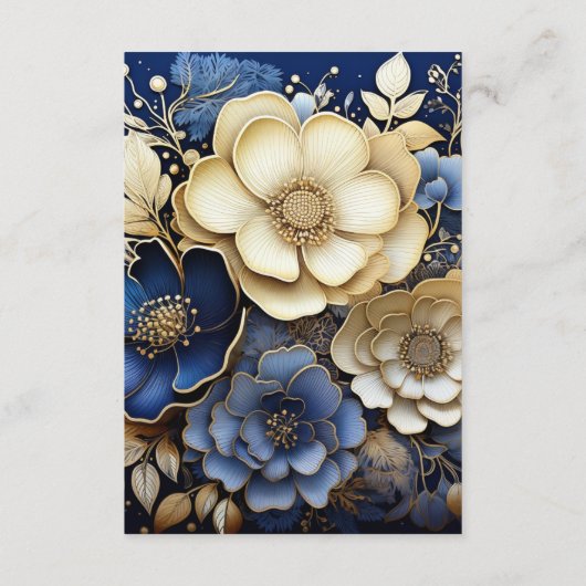 Navy Blauw en Goud Bloemen Bruiloft Gast Details Informatiekaartje (Achterkant)