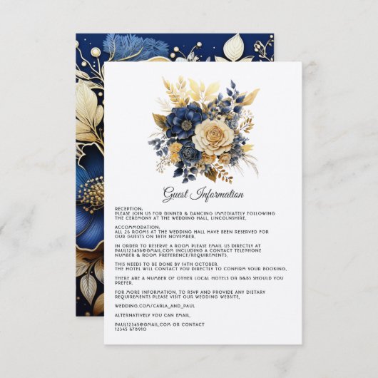 Navy Blauw en Goud Bloemen Bruiloft Gast Details Informatiekaartje (Voorkant / Achterkant)