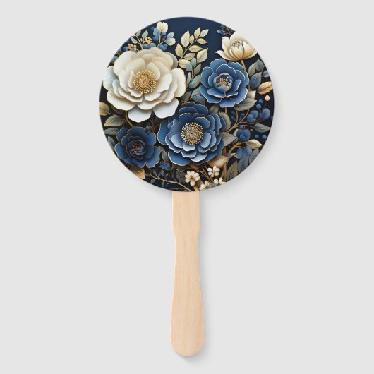 Navy Blauw en Goud Bloemen Bruiloft Handwaaier (Achterkant)