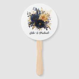 Navy Blauw en Goud Bloemen Bruiloft Handwaaier