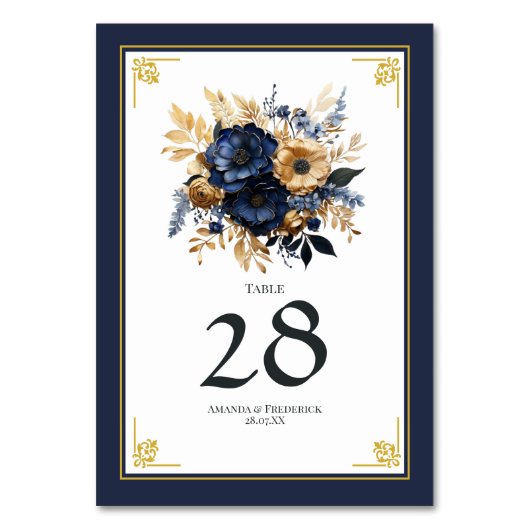 Navy Blauw en Goud Bloemen Bruiloft Kaart (Voorkant)