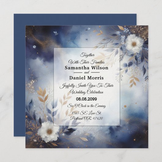 Navy Blauw en Goud Bloemen Bruiloft Kaart (Voorkant / Achterkant)