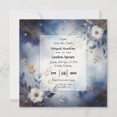 Navy Blauw en Goud Bloemen Bruiloft Kaart (Voorkant)