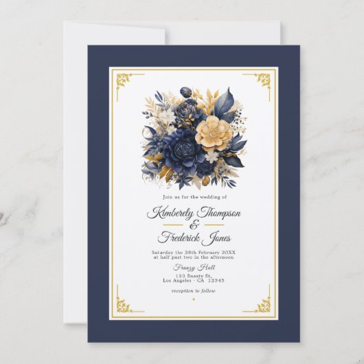 Navy Blauw en Goud Bloemen Bruiloft Kaart (Voorkant)