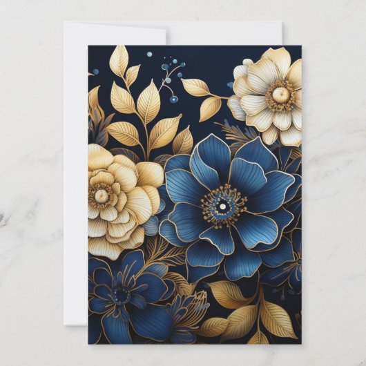 Navy Blauw en Goud Bloemen Bruiloft Kaart (Achterkant)