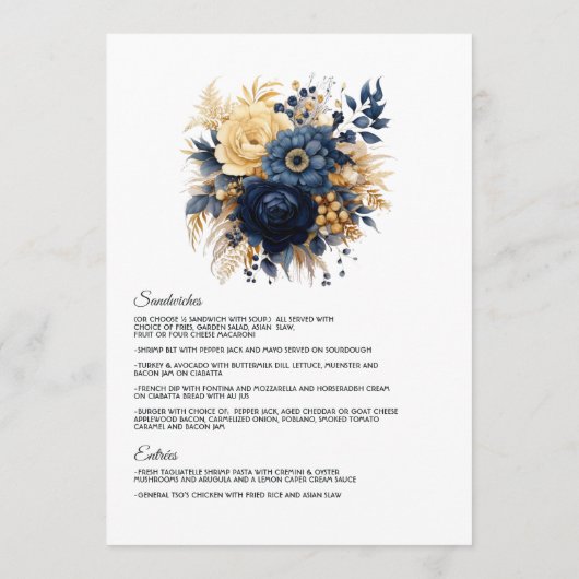 Navy Blauw en Goud Bloemen Bruiloft Menu (Achterkant)