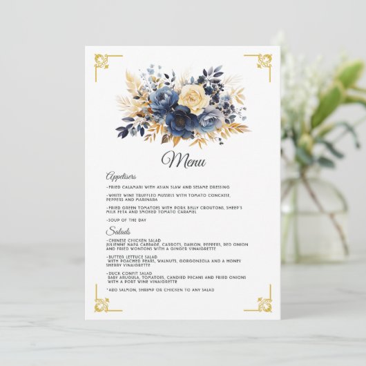Navy Blauw en Goud Bloemen Bruiloft Menu (Staand voorkant)