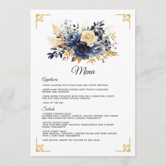 Navy Blauw en Goud Bloemen Bruiloft Menu (Voorkant)