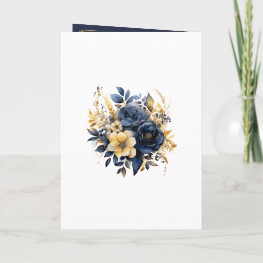 Navy Blauw en Goud Bloemen Bruiloft Programma (Achterkant)