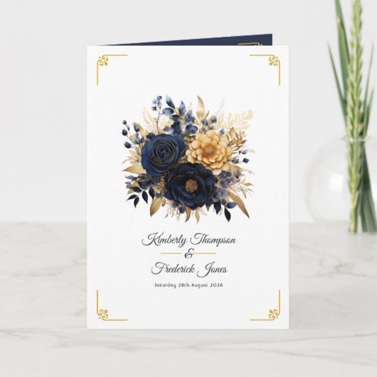 Navy Blauw en Goud Bloemen Bruiloft Programma (Voorkant)