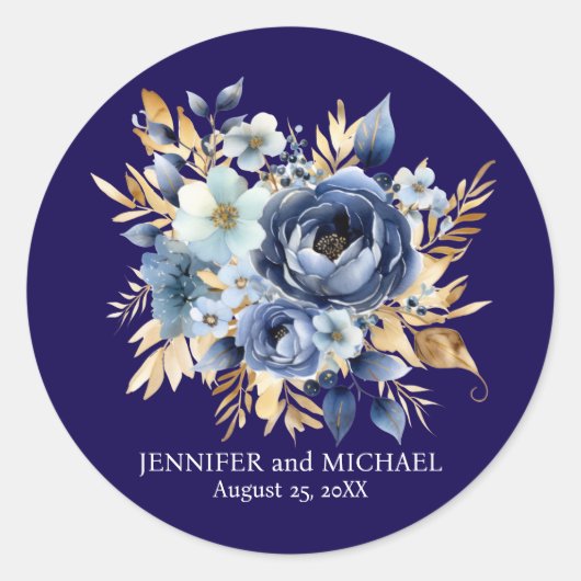 Navy Blauw en Goud Bloemen Bruiloft Ronde Sticker (Voorkant)