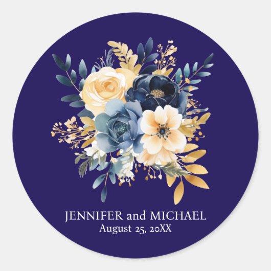 Navy Blauw en Goud Bloemen Bruiloft Ronde Sticker (Voorkant)