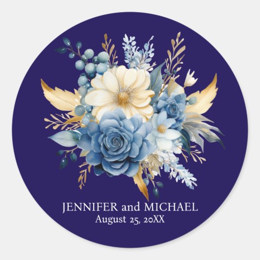 Navy Blauw en Goud Bloemen Bruiloft Ronde Sticker (Voorkant)