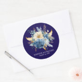 Navy Blauw en Goud Bloemen Bruiloft Ronde Sticker (Envelop)