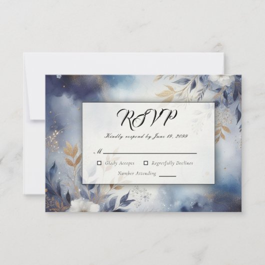 Navy Blauw en Goud Bloemen Bruiloft RSVP Kaartje (Voorkant)