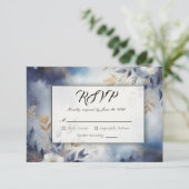 Navy Blauw en Goud Bloemen Bruiloft RSVP Kaartje (Staand voorkant)