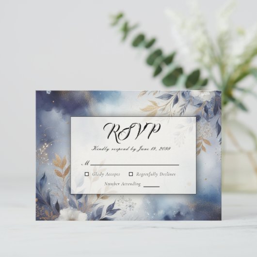 Navy Blauw en Goud Bloemen Bruiloft RSVP Kaartje (Staand voorkant)