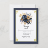 Navy Blauw en Goud Bloemen Bruiloft RSVP Kaartje (Voorkant)