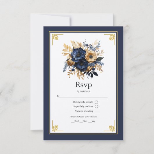 Navy Blauw en Goud Bloemen Bruiloft RSVP Kaartje (Voorkant)