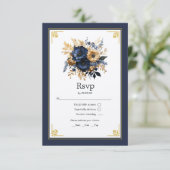 Navy Blauw en Goud Bloemen Bruiloft RSVP Kaartje (Staand voorkant)