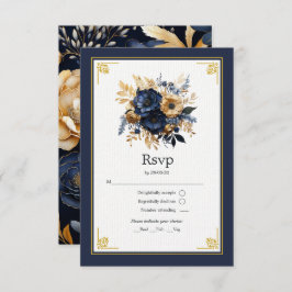 Navy Blauw en Goud Bloemen Bruiloft RSVP Kaartje