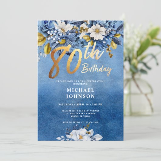 Navy Blauw en Goud Bloemen Rozen 80e Verjaardag Kaart (Staand voorkant)