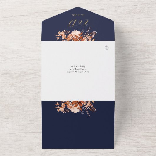 Navy blauw en goud bloemenQR code herfst bruiloft All In One Uitnodiging (Buitenkant)