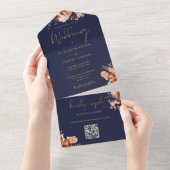 Navy blauw en goud bloemenQR code herfst bruiloft All In One Uitnodiging (Afscheurbaar)