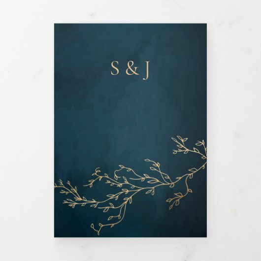 Navy Blauw en Goud Botanische Elegante Bruiloft Drieluik Uitnodiging (Cover)