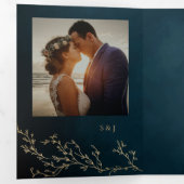 Navy Blauw en Goud Botanische Elegante Bruiloft Drieluik Uitnodiging (Binnenzijde eerst)