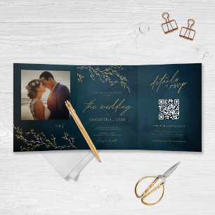 Navy Blauw en Goud Botanische Elegante Bruiloft Drieluik Uitnodiging