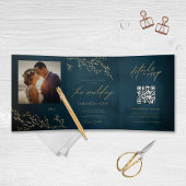 Navy Blauw en Goud Botanische Elegante Bruiloft Drieluik Uitnodiging