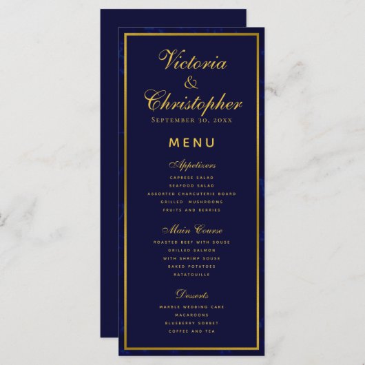 Navy Blauw en Goud Bruiloft Diner Menu (Voorkant / Achterkant)