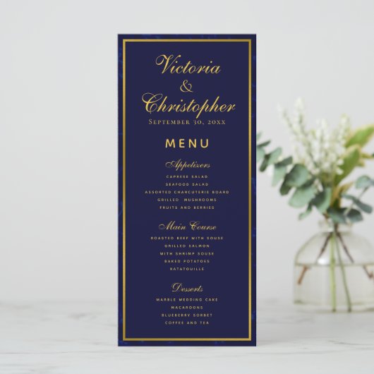 Navy Blauw en Goud Bruiloft Diner Menu (Staand voorkant)