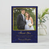 Navy Blauw en Goud Bruiloft Foto Bedankkaart (Staand voorkant)