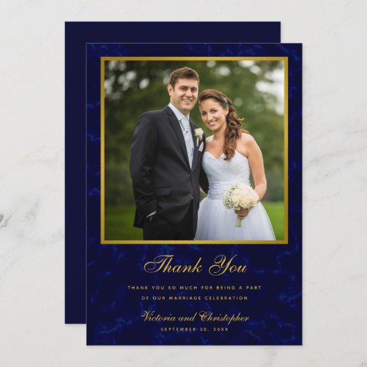 Navy Blauw en Goud Bruiloft Foto Bedankkaart (Voorkant / Achterkant)