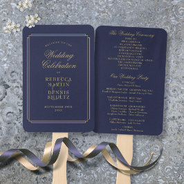 Navy blauw en goud chique art deco huwelijksprogra handwaaier