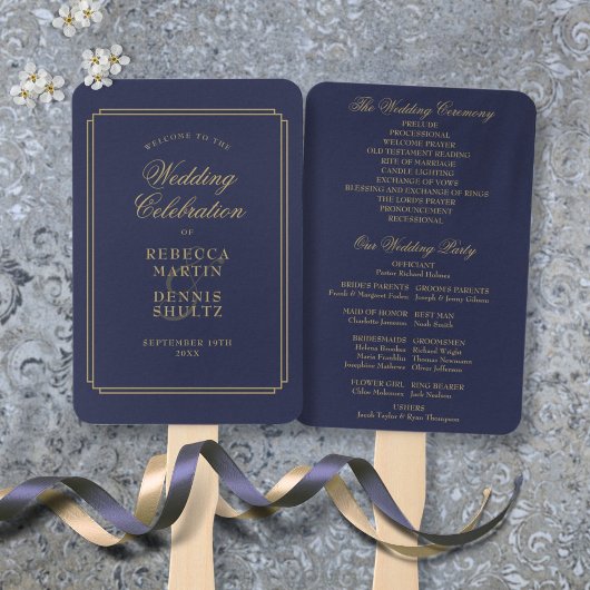 Navy blauw en goud chique art deco huwelijksprogra handwaaier