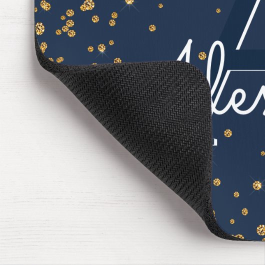Navy Blauw en Goud Confetti Monogram Naam Muismat (Hoek)