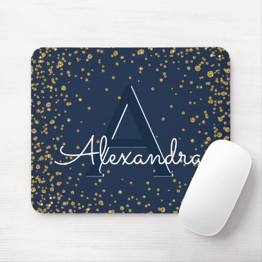 Navy Blauw en Goud Confetti Monogram Naam Muismat (Met muis)