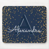 Navy Blauw en Goud Confetti Monogram Naam Muismat (Voorkant)