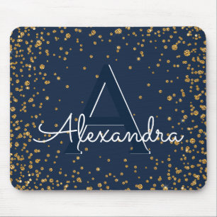 Navy Blauw en Goud Confetti Monogram Naam Muismat