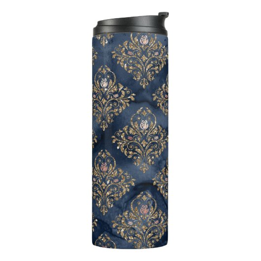 Navy Blauw en Goud  Damast Pattern Thermosbeker (Gedraaid links)