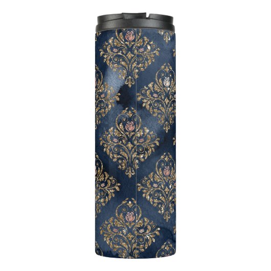 Navy Blauw en Goud  Damast Pattern Thermosbeker (Achterkant)