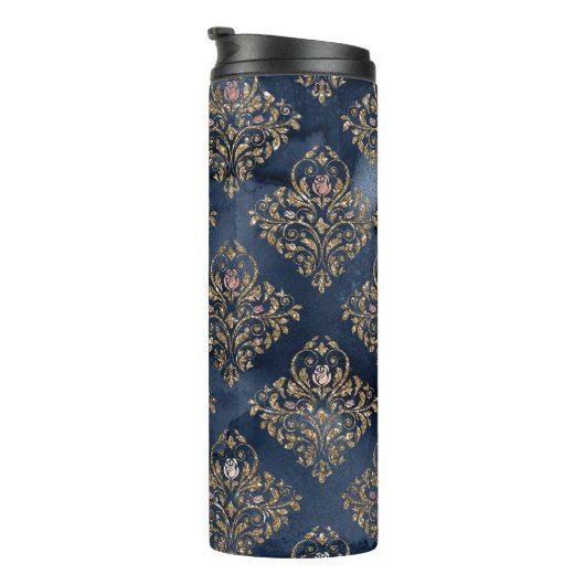 Navy Blauw en Goud  Damast Pattern Thermosbeker (Geroteerd rechts)