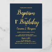 Navy blauw en goud Doop en 1e verjaardag Folie Feestdagenkaart (Voorkant)