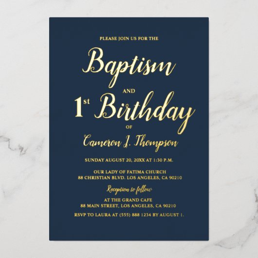 Navy blauw en goud Doop en 1e verjaardag Folie Feestdagenkaart (Voorkant)